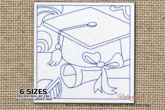 Graduation Cap and Diploma Redwork